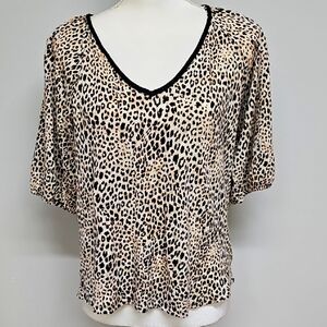 Chico's Black and Tan Leopard Print V Neck Knit Blouse Size Medium